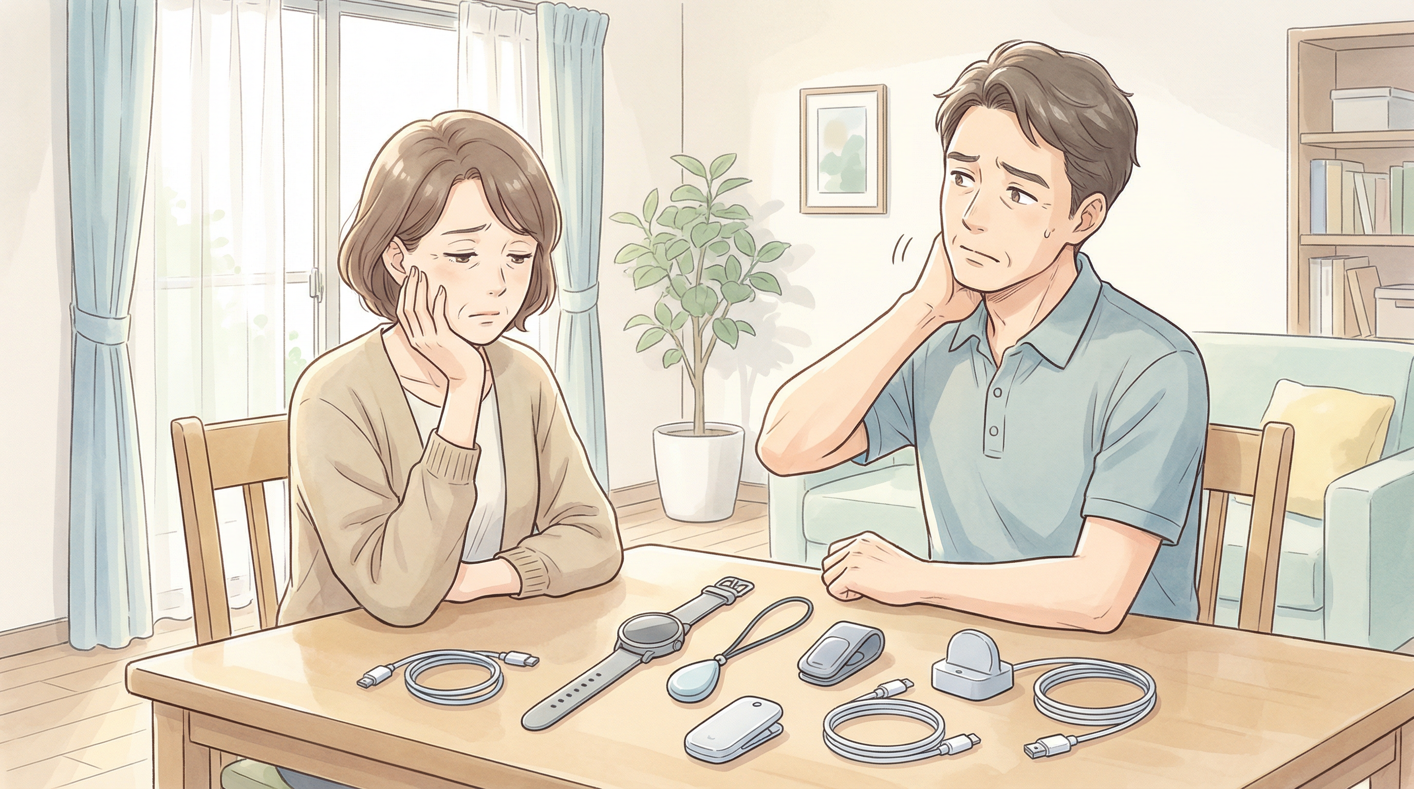 Middle-aged couple looking dissatisfied while considering wearable monitoring devices on a table, illustrating uncertainty about caregiving technology.