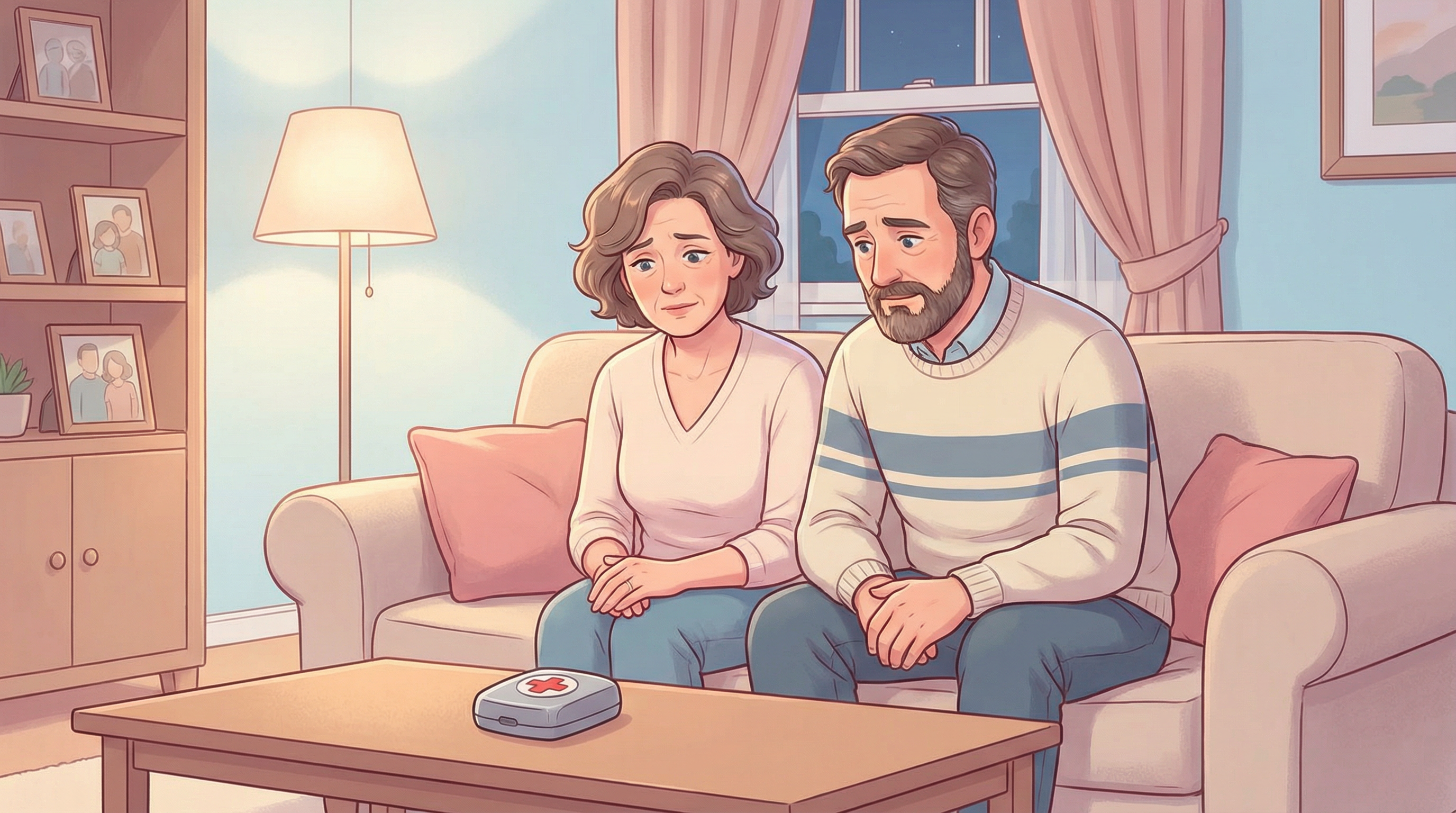 A middle-aged couple sitting on a living room couch, looking at an emergency button device placed on a table in a warmly lit suburban home.