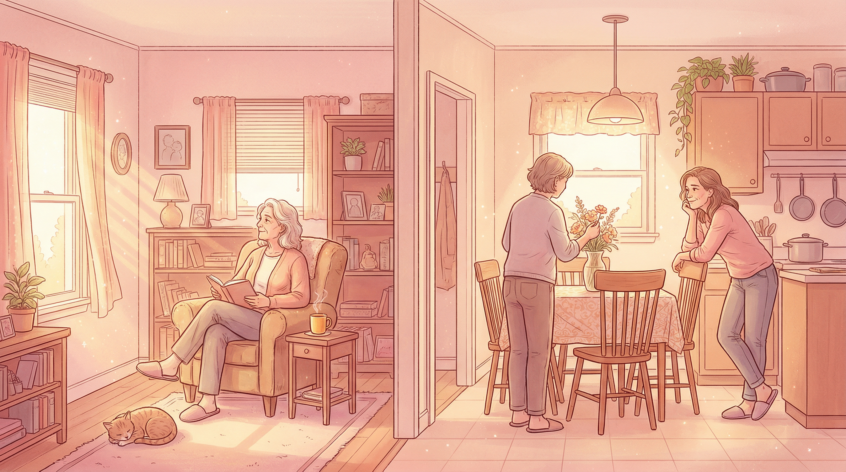 A grandmother relaxing in a living room reading a book, while her adult daughter and mother talk together in the kitchen area about choosing a home monitoring device in a warm, sunlit home.