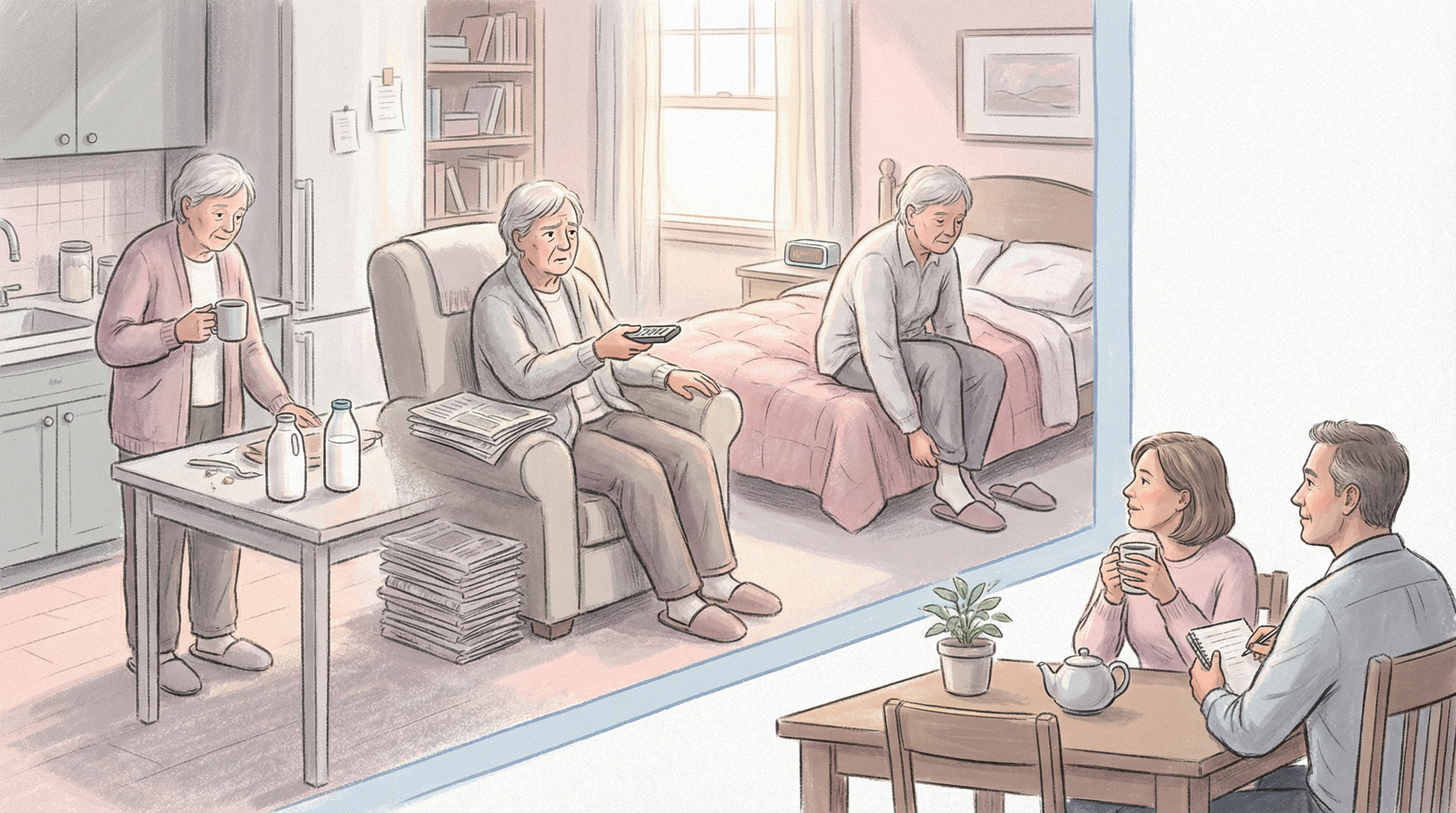 Illustration showing subtle changes in an older adult’s daily routine while family members notice patterns over time.