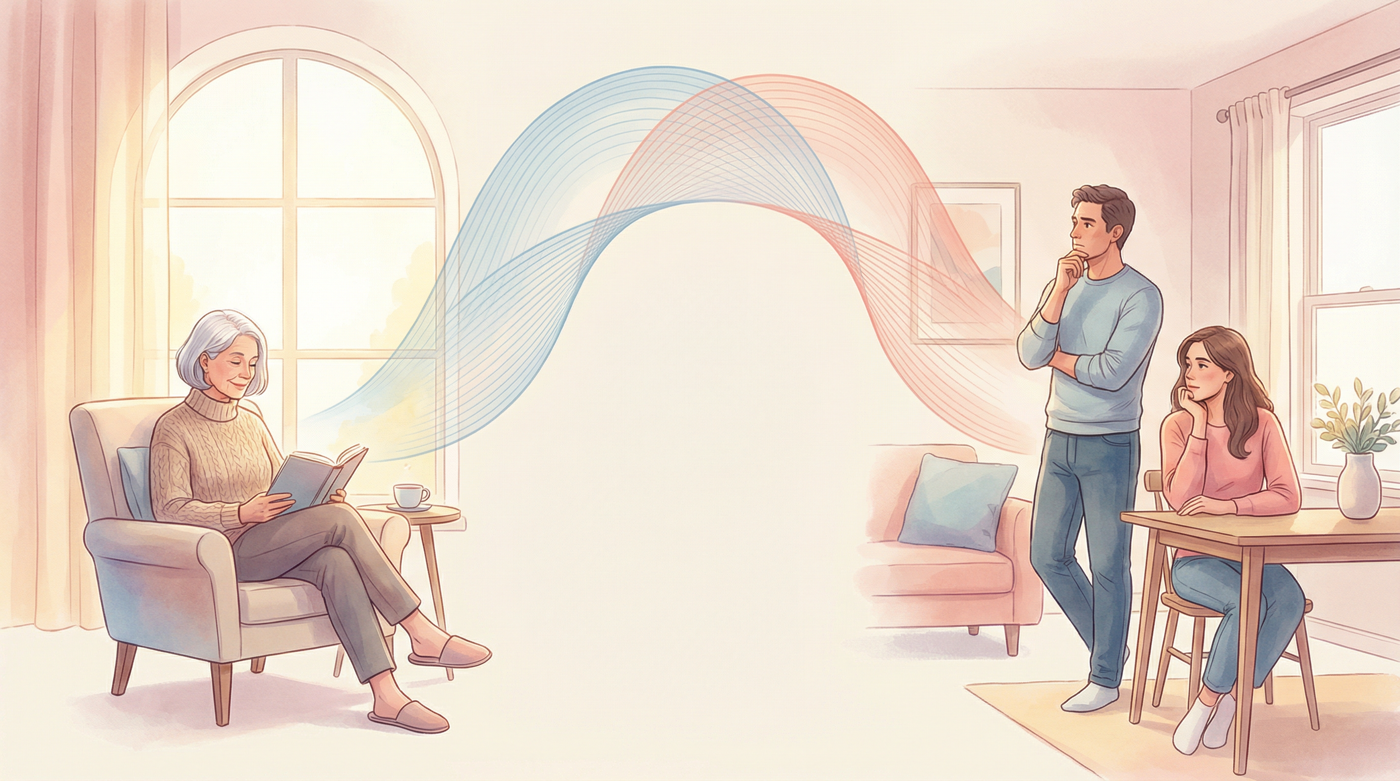 showing an aging parent at home and adult children reflecting on how to stay connected and informed without being intrusive.